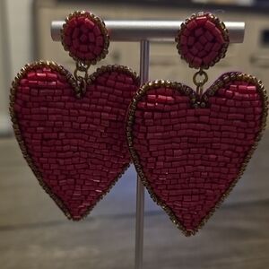Elegant Red Beaded Heart Earrings